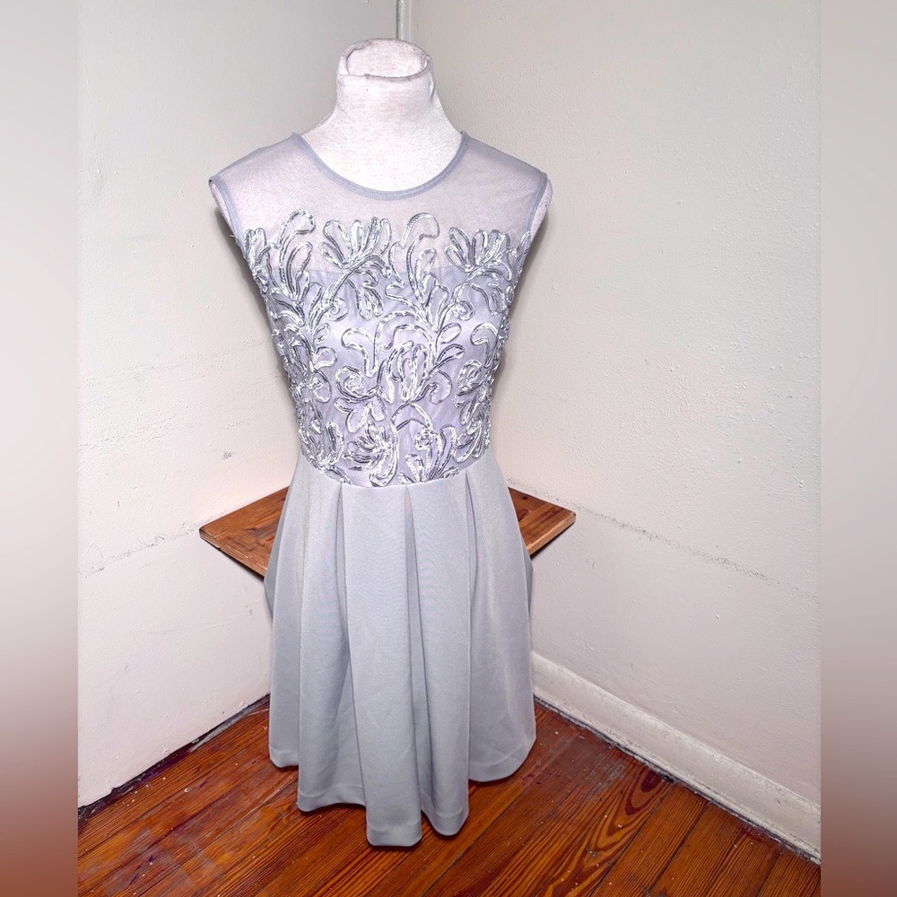 Studio One Sleeveless Embroidered Mesh Bodice Dress